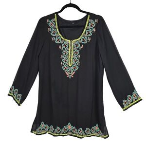 Novica Black Beaded Tunic Top Womens Medium Long Sleeve Boho Arsy Blouse Lined